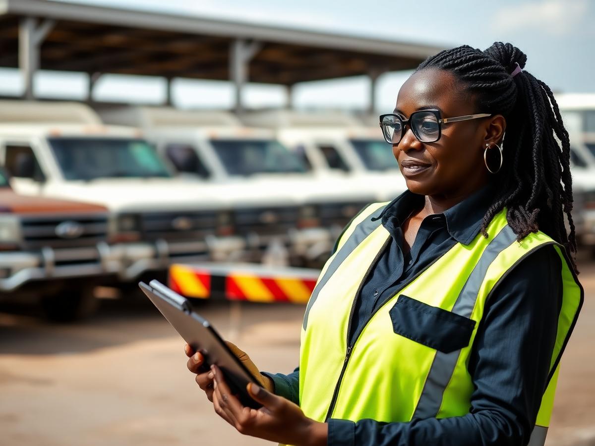 Fleet manager reviewing vehicle records on a tablet in a depot