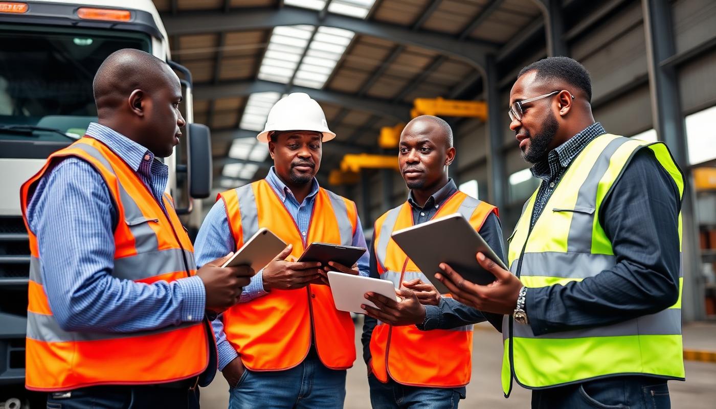 Fleet operations team reviewing vehicle inspections on tablets in a depot